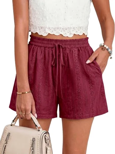 KIRUNDO Eyelet Lace Drawstring Shorts in Burgundy