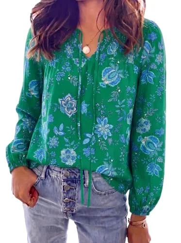 KIRUNDO Floral V-Neck Boho Blouse in Dark Green