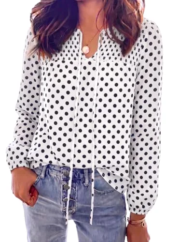 KIRUNDO Floral V-Neck Boho Blouse in Dot White Black