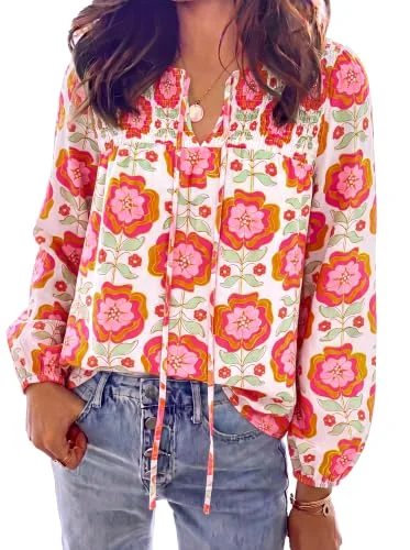 KIRUNDO Floral V-Neck Boho Blouse in White Pink Flower