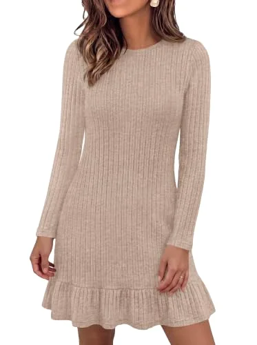 KIRUNDO Ribbed Ruffle Hem Mini Sweater Dress in Apricot