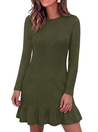 KIRUNDO Ribbed Ruffle Hem Mini Sweater Dress in Army Green