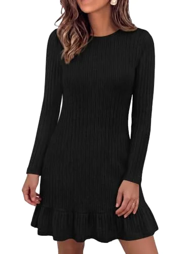 KIRUNDO Ribbed Ruffle Hem Mini Sweater Dress in Black