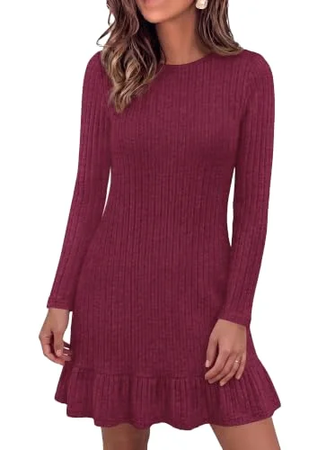 KIRUNDO Ribbed Ruffle Hem Mini Sweater Dress in Burgundy