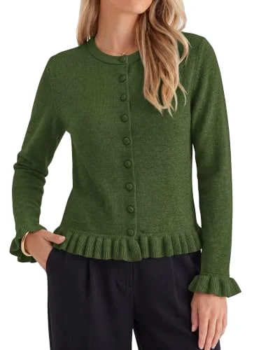 KIRUNDO Ruffle Button-Down Cardigan in Army Green