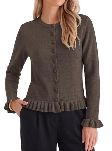 KIRUNDO Ruffle Button-Down Cardigan in Brown