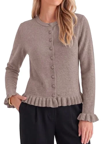 KIRUNDO Ruffle Button-Down Cardigan in Grey Khaki