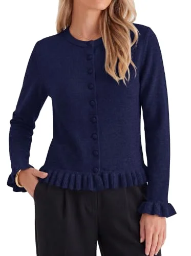 KIRUNDO Ruffle Button-Down Cardigan in Navy Blue