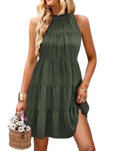 KIRUNDO Babydoll Halter Dress in Army Green Dot