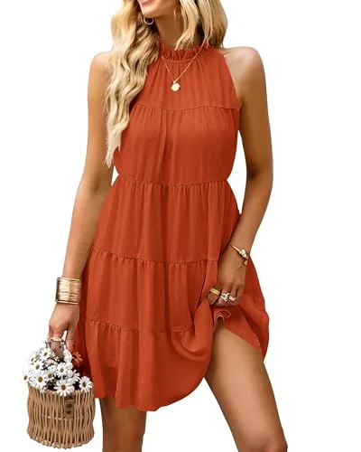 KIRUNDO Babydoll Halter Dress in Brick Red