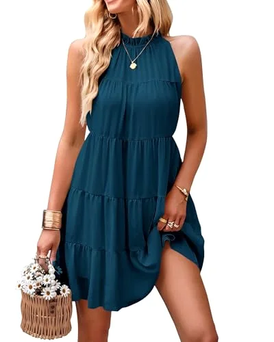 KIRUNDO Babydoll Halter Dress in Lake Blue