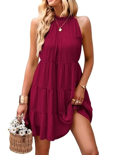 KIRUNDO Babydoll Halter Dress in Wine Red