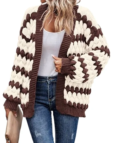 KIRUNDO Cable Knit Chunky Open Front Cardigan in Coffee