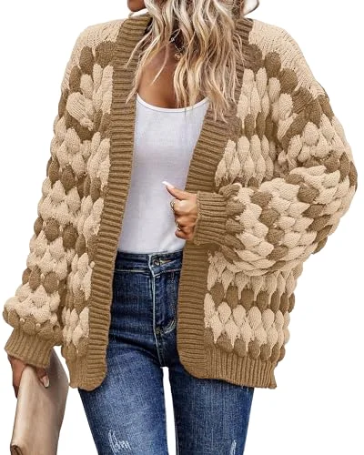 KIRUNDO Cable Knit Chunky Open Front Cardigan in Khaki