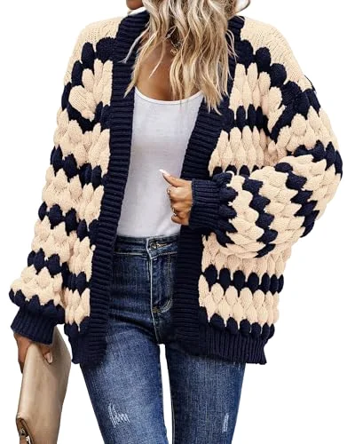 KIRUNDO Cable Knit Chunky Open Front Cardigan in Navy