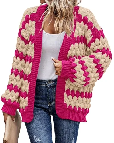 KIRUNDO Cable Knit Chunky Open Front Cardigan in Rose Red
