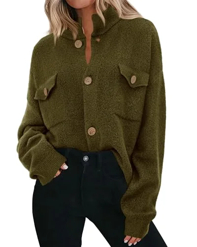 KIRUNDO Chunky Button-Down Mock Neck Cardigan in Army Green