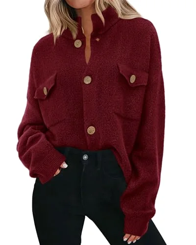 KIRUNDO Chunky Button-Down Mock Neck Cardigan in Burgundy