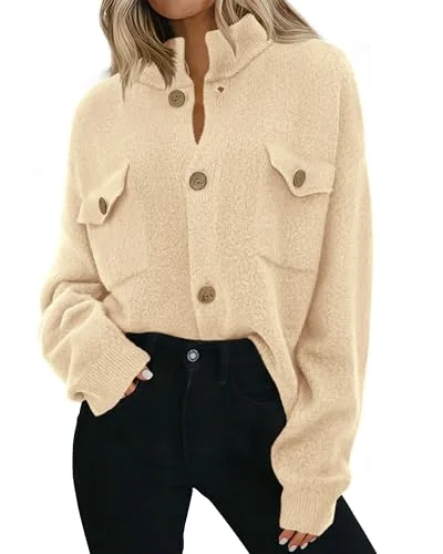 KIRUNDO Chunky Button-Down Mock Neck Cardigan in Cream