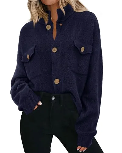 KIRUNDO Chunky Button-Down Mock Neck Cardigan in Royal Blue
