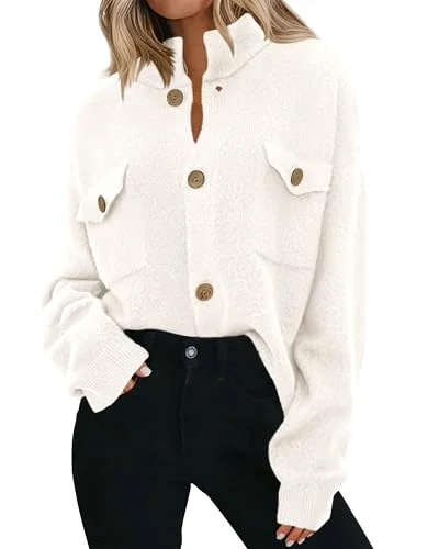 KIRUNDO Chunky Button-Down Mock Neck Cardigan in White