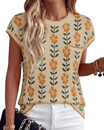 KIRUNDO Crochet Short Sleeve Pocket Top in Apricot Yellow Flower