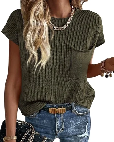 KIRUNDO Crochet Short Sleeve Pocket Top in Army Green
