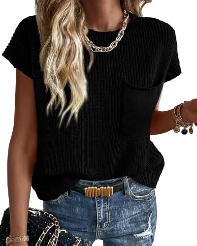 KIRUNDO Crochet Short Sleeve Pocket Top in Black