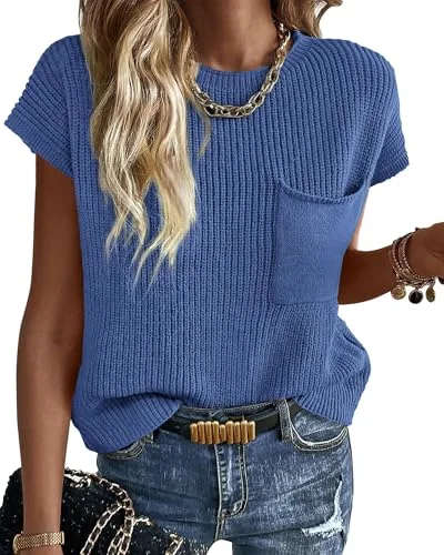 KIRUNDO Crochet Short Sleeve Pocket Top in Blue