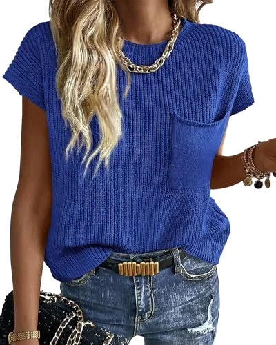 KIRUNDO Crochet Short Sleeve Pocket Top in Bright Blue