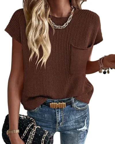 KIRUNDO Crochet Short Sleeve Pocket Top in Brown