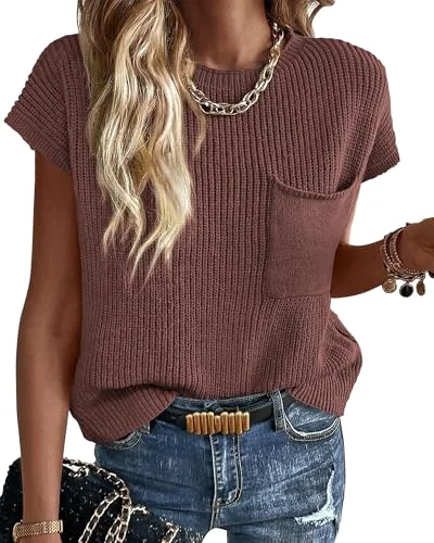 KIRUNDO Crochet Short Sleeve Pocket Top in Coffee