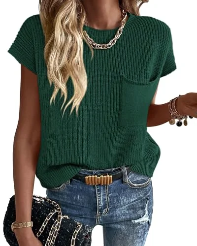 KIRUNDO Crochet Short Sleeve Pocket Top in Dark Green