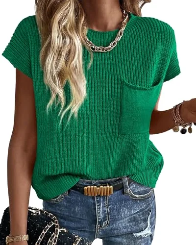 KIRUNDO Crochet Short Sleeve Pocket Top in Green