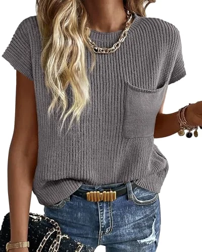 KIRUNDO Crochet Short Sleeve Pocket Top in Grey