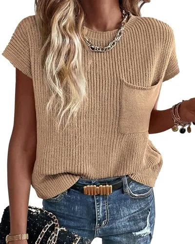 KIRUNDO Crochet Short Sleeve Pocket Top in Khaki