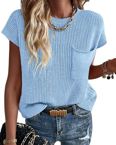 KIRUNDO Crochet Short Sleeve Pocket Top in Light Blue
