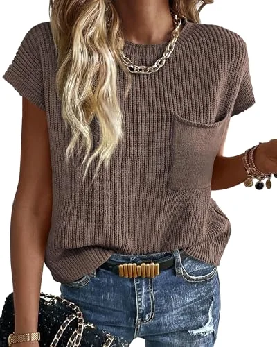 KIRUNDO Crochet Short Sleeve Pocket Top in Light Coffee