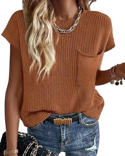 KIRUNDO Crochet Short Sleeve Pocket Top in Rust
