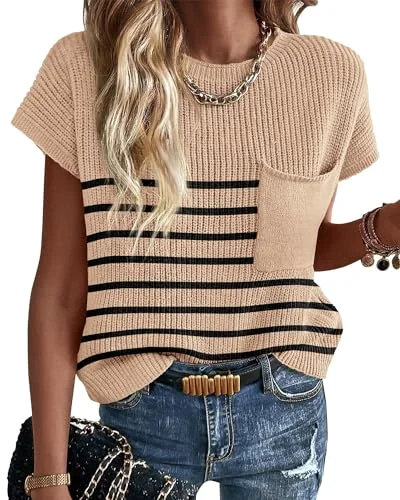 KIRUNDO Crochet Short Sleeve Pocket Top in Striped Beige