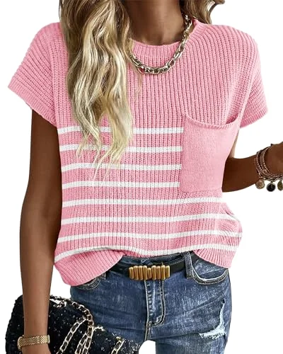 KIRUNDO Crochet Short Sleeve Pocket Top in Striped Pink