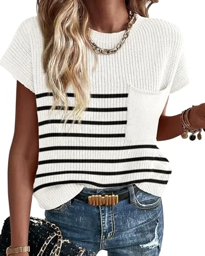 KIRUNDO Crochet Short Sleeve Pocket Top in Striped White