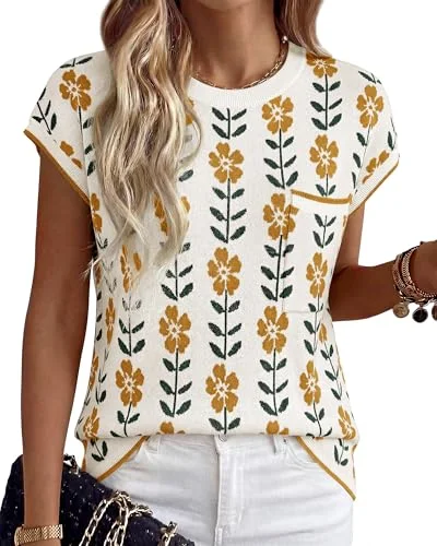 KIRUNDO Crochet Short Sleeve Pocket Top in White Yellow Flower