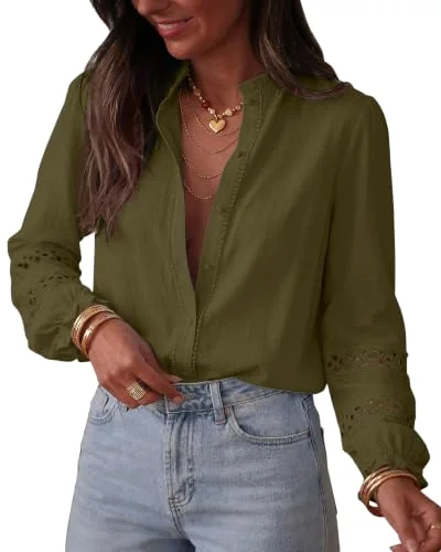 KIRUNDO Eyelet Button-Down Long Sleeve Shirt in Army Green