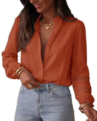 KIRUNDO Eyelet Button-Down Long Sleeve Shirt in Brick Red
