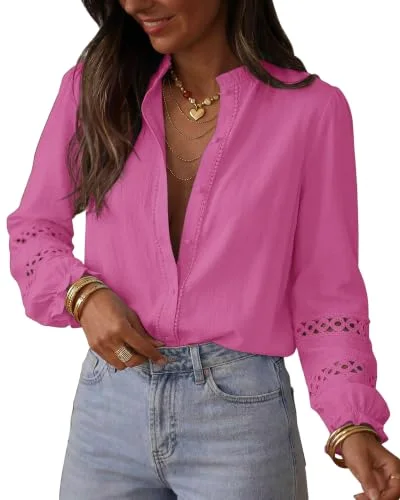 KIRUNDO Eyelet Button-Down Long Sleeve Shirt in Hot Pink
