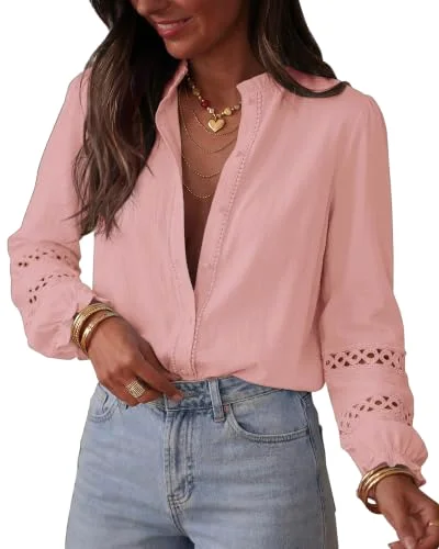 KIRUNDO Eyelet Button-Down Long Sleeve Shirt in Light Pink