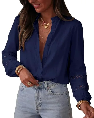 KIRUNDO Eyelet Button-Down Long Sleeve Shirt in Navy Blue