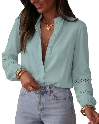 KIRUNDO Eyelet Button-Down Long Sleeve Shirt in Sage Green