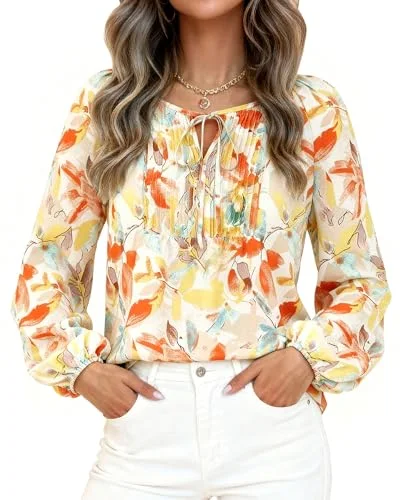 KIRUNDO Floral Long Sleeve Drawstring Blouse in Orange Yellow